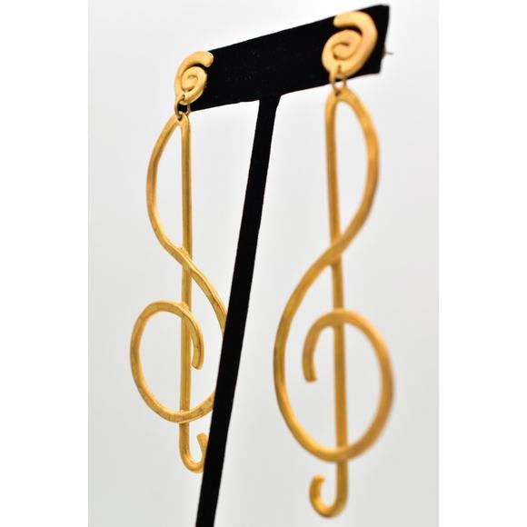 Vintage Treble Clef Earrings Dangle Brushed Gold Matte Long Chunky NOS 1980s A23 - Picture 3 of 12